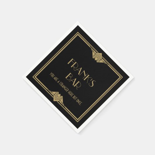 Art Deco Black Gold Bar Name Serviette (Ecke)