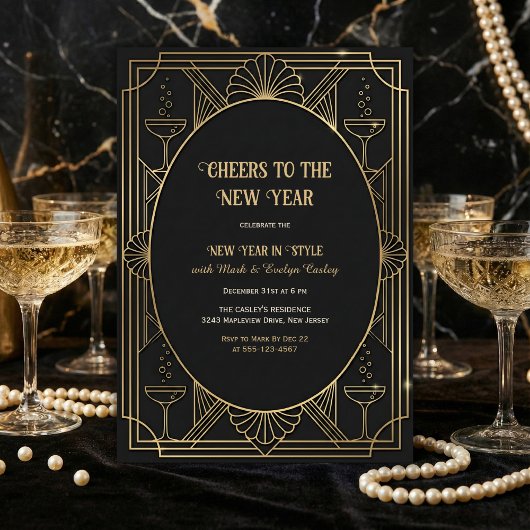 Art Deco Black & Gold Cheers to the New Year Einladung