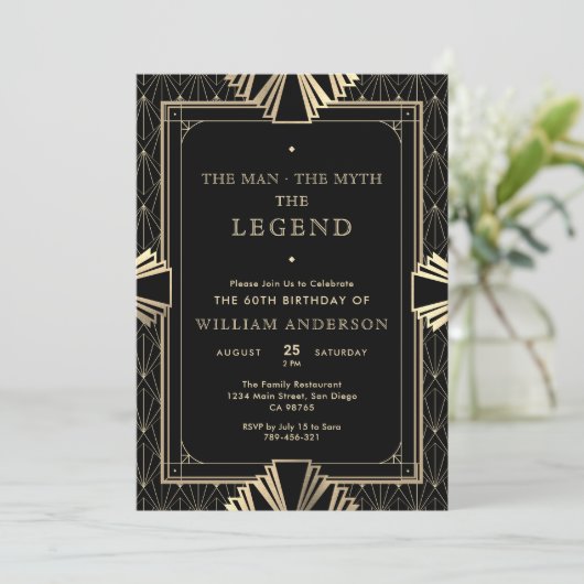 Art Deco Black & Gold Der Mythos der Legende Einladung (Stehend Vorderseite)