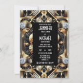 Art Deco Black & Gold Diamond Wedding Invitations Einladung (Vorderseite)