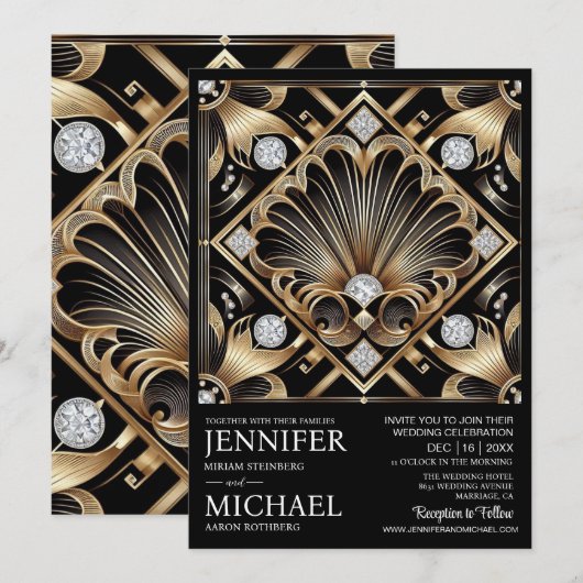 Art Deco Black & Gold Diamond Wedding Invitations  Einladung (Vorne/Hinten)