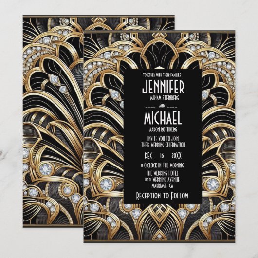 Art Deco Black & Gold Diamond Wedding Invitations Einladung (Vorne/Hinten)
