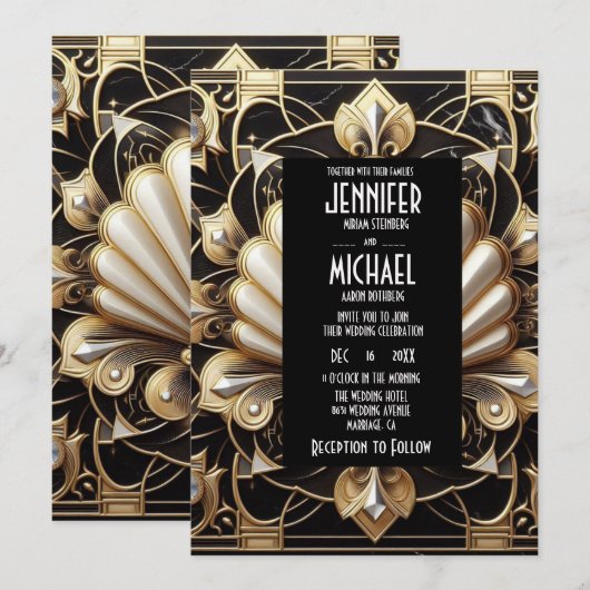Art Deco Black & Gold Diamond Wedding Invitations Einladung (Vorne/Hinten)