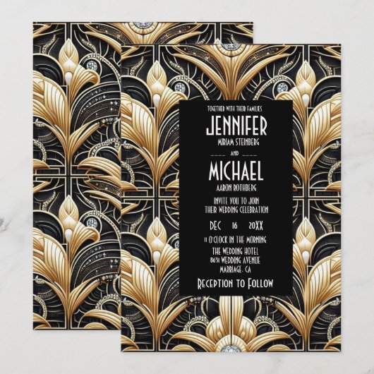Art Deco Black & Gold Diamond Wedding Invitations Einladung (Vorne/Hinten)