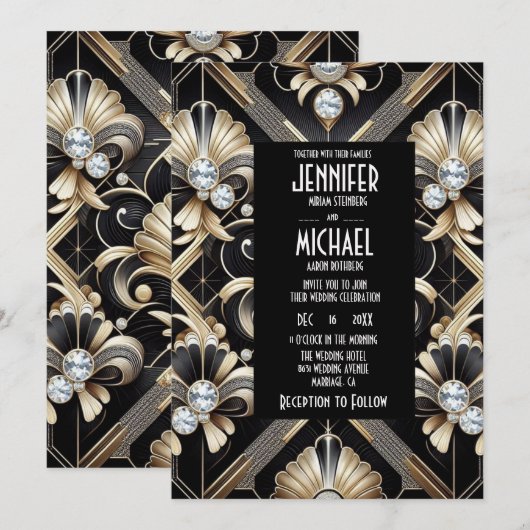 Art Deco Black & Gold Diamond Wedding Invitations Einladung (Vorne/Hinten)