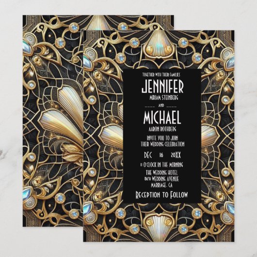 Art Deco Black & Gold Diamond Wedding Invitations Einladung (Vorne/Hinten)