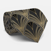 Art Deco Black Gold Fan Design Krawatte (Gerollt)
