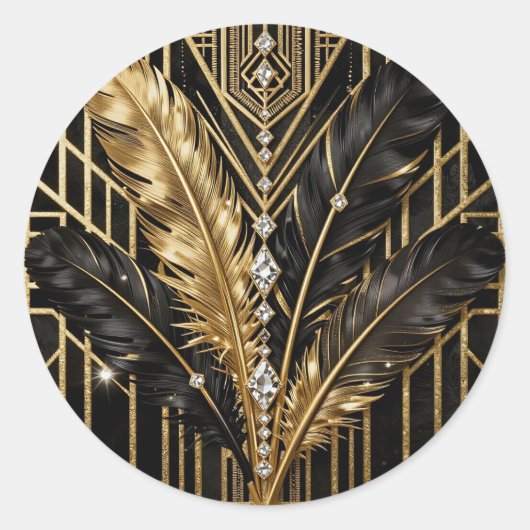 Art Deco Black Gold Feathers Runder Aufkleber (Vorderseite)