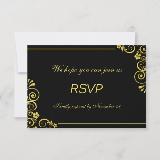 Art Deco Black gold Floral Wirbel Hochzeit RSVP (Vorderseite)