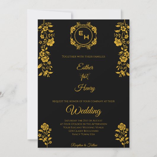 Art Deco Black Gold Foil Monogram Classic Wedding Einladung (Vorderseite)