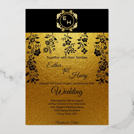 Art Deco Black Gold Foil Monogram Classic Wedding Folieneinladung (Vorderseite)