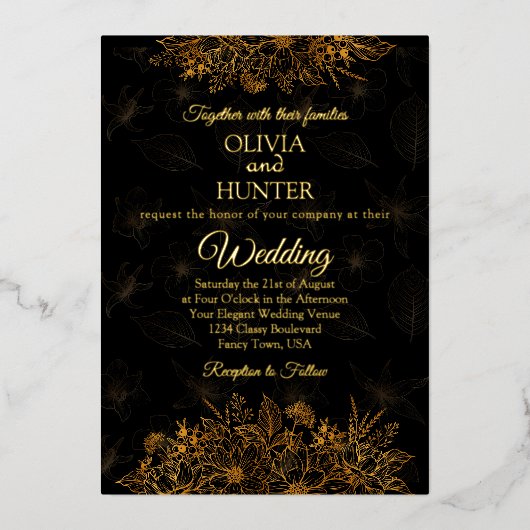 Art Deco Black Gold Foil Script Klassische Hochzei Folieneinladung (Vorderseite)