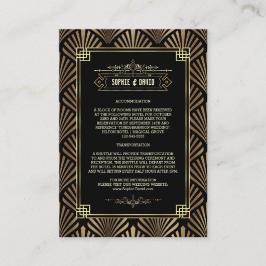 Art Deco Black Gold Gatsby 1920er Hochzeitsdetails Begleitkarte (Vorderseite)