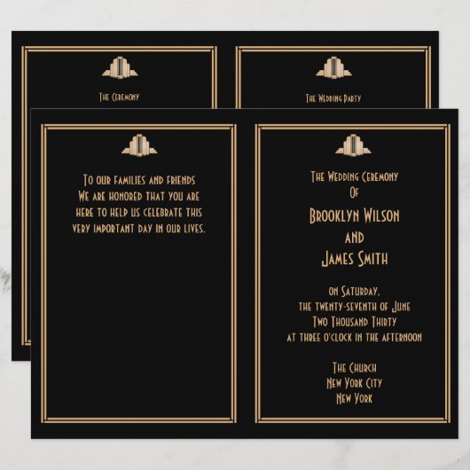 Art Deco Black Gold Gatsby Hochzeitsprogramme (Vorne/Hinten)