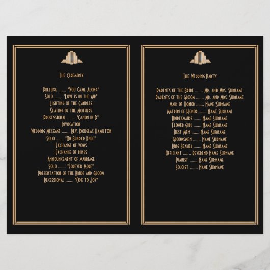 Art Deco Black Gold Gatsby Hochzeitsprogramme (Rückseite)