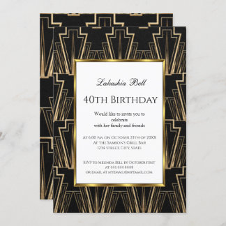 Art Deco Black Gold Geburtstagsparty Einladung
