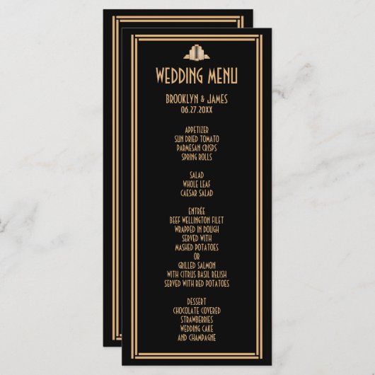 Art Deco Black Gold Great Gatsby Wedding Menu Card Menükarte (Vorne/Hinten)