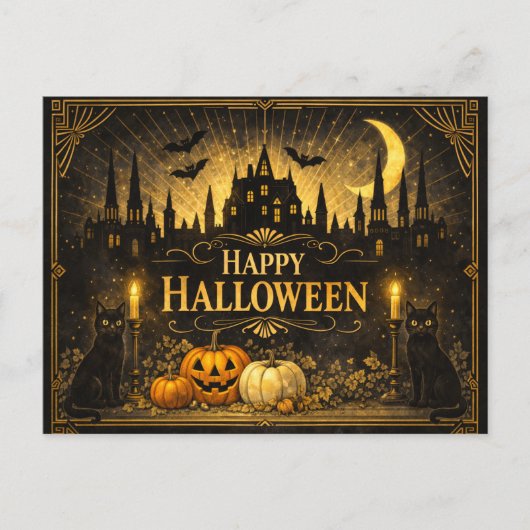 Art Deco Black Gold Halloween Feiertagspostkarte (Vorderseite)