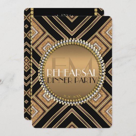 Art Deco Black Gold Hochzeit Probe Dinner Party Einladung (Vorne/Hinten)