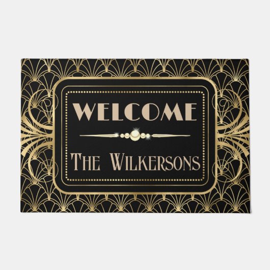 Art Deco BLack & Gold Individuelle Name Fußmatte (Vorderseite)