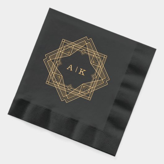 Art Deco Black Gold Mit Monogramm Servietten Mit Folie (Links)