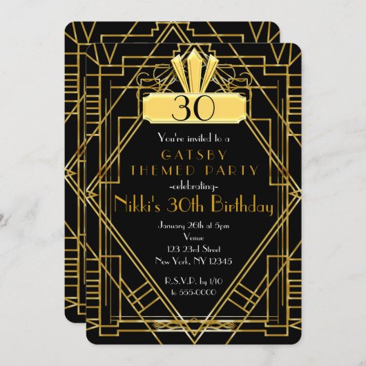 Art Deco Black & Gold Party Einladung (Vorne/Hinten)