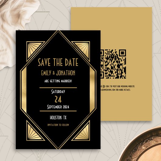 Art Deco Black Gold QR Code Hochzeit speichern das Save The Date