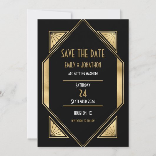 Art Deco Black Gold QR Code Hochzeit speichern das Save The Date (Vorderseite)