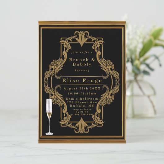 Art Deco Black Gold Royal Brunch & Bubbly Invitati Einladung (Stehend Vorderseite)