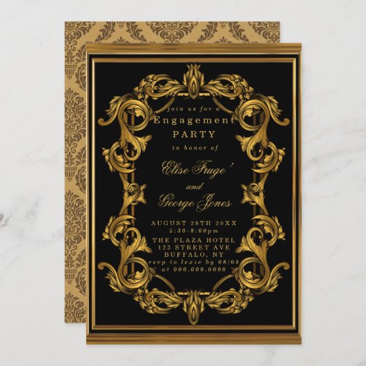 Art Deco Black Gold Royal Engagement Party Invita Einladung (Vorne/Hinten)