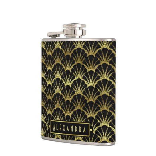 Art Deco Black Gold Scallop Shells Fan Custom Name Flachmann (Links)