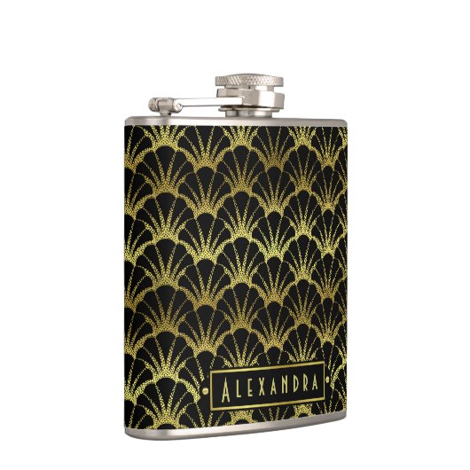 Art Deco Black Gold Scallop Shells Fan Custom Name Flachmann (Rechts)