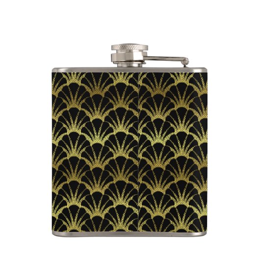 Art Deco Black Gold Scallop Shells Fan Custom Name Flachmann (Rückseite)