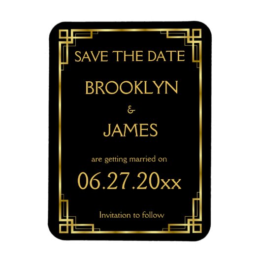 Art Deco Black Gold Wedding Save the Date Magnet (Vertikal)