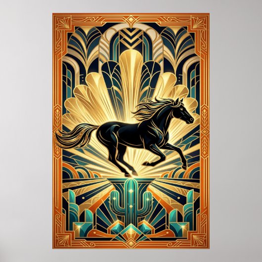 Art Deco Black Horse Cactus Palace Gold Teal Poste Poster (Vorne)