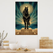Art Deco Black Horse Mandala Sunset Teal Gold Post Poster (Küche)