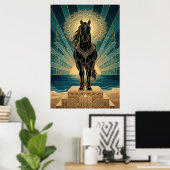 Art Deco Black Horse Mandala Sunset Teal Gold Post Poster (Heimbüro)