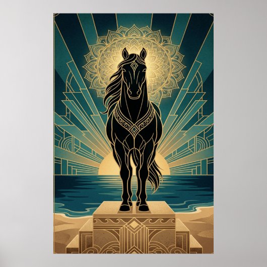 Art Deco Black Horse Mandala Sunset Teal Gold Post Poster (Vorne)
