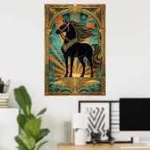 Art Deco Black Horse Statue Sunburst Teal Gold Poster (Heimbüro)