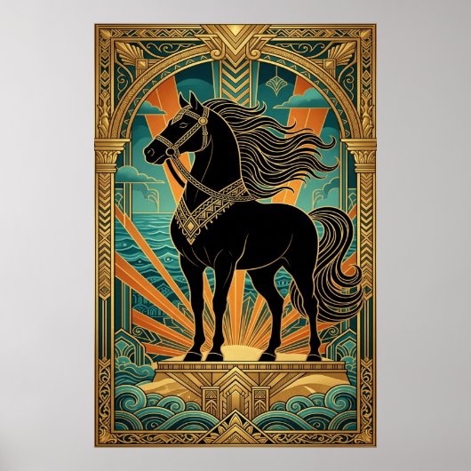 Art Deco Black Horse Statue Sunburst Teal Gold Poster (Vorne)