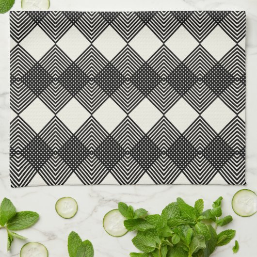 Art Deco Black Off White Diamonds Circuit Muster Geschirrtuch (Gefaltet)