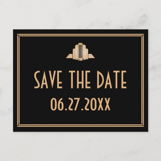Art Deco Black Save the Date Postcard Ankündigungspostkarte (Vorderseite)