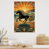 Art Deco Black Stallion Beach Waves Sunset Poster (Küche)