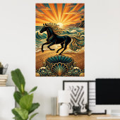Art Deco Black Stallion Beach Waves Sunset Poster (Heimbüro)