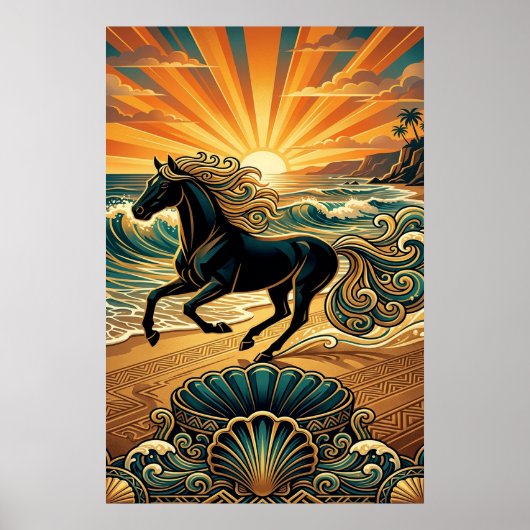 Art Deco Black Stallion Beach Waves Sunset Poster (Vorne)