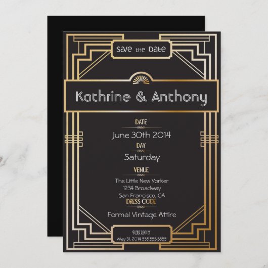 Art Deco Black und Gold Gatsby Save the Date (Vorne/Hinten)