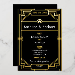 Art Deco Black und Gold Gatsby Save the Date Folieneinladung