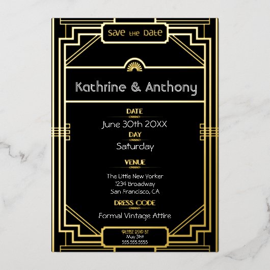 Art Deco Black und Gold Gatsby Save the Date Folieneinladung (Vorderseite)