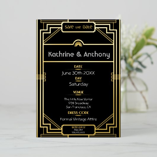 Art Deco Black und Gold Gatsby Save the Date Folieneinladung (Stehend vorne)