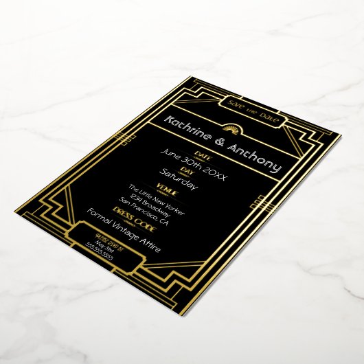 Art Deco Black und Gold Gatsby Save the Date Folieneinladung (Gedreht)